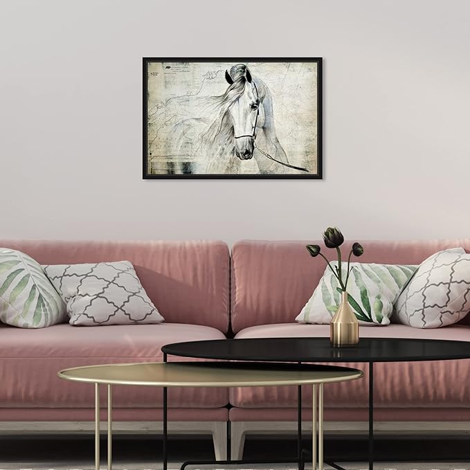Country Farmhouse Canvas Print Painting Animal Wall Art 'Southern White Horse' Black Framed Canvas Rustic Home Décor 15x10 in Gray, Brown by Oliver Gal