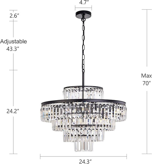Wellmet Crystal Chandelier, Modern Vintage Pendant Light, 5-Tier Black Luxury Crystal Chandelier for Living Room, Dining Room, Entryway, Hallway, Corridor, Bedroom, 24''