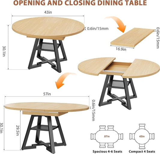Round Dining Table Kitchen Dining Room Dinner Table for 4-6, Space Saving Extendable Oval Circle Furniture with Pedestal Base and Storage Shelf for Kitchen Living Room (Wood, for 4-6)