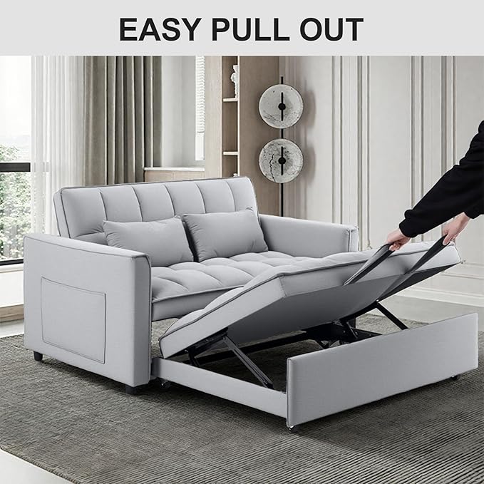 3 in 1 Convertible Sleeper Sofa Bed, 53" Pull Out Sofa Bed with 3-Level Adjustable Backrest, Velvet Fabric Loveseat Sleeper Couch for Living Room & Bedroom & Apartment & Dorm, Light Gray