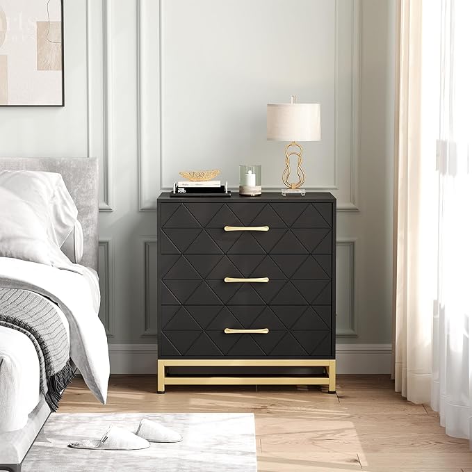 GarveeHome Wooden Dresser for Bedroom, Dressers & Chest of Drawers with 3 Drawer, Wood nightstand for Storage and Organization (Black)