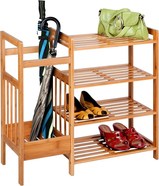 Honey-Can-Do Bamboo Entryway Organizer with 5 Coat Hooks and 3-Tier Shoe Rack – Multi-Purpose Hall Tree for Entryway & Mudroom – Natural Bamboo Storage Shelf for Bags, Hats, and Umbrellas
