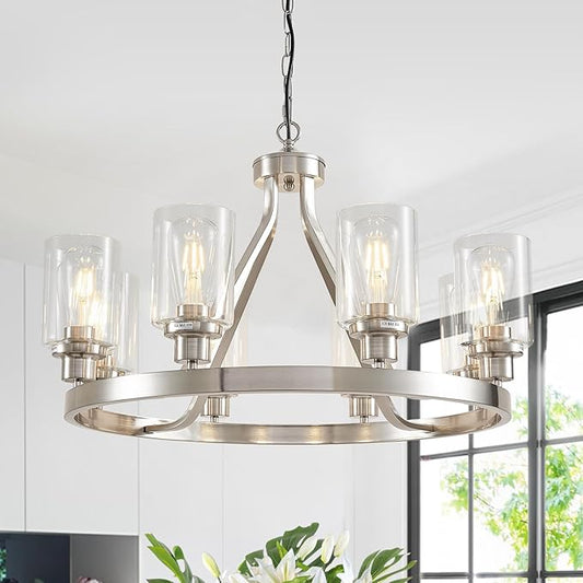 8-Light Modern Chandeliers for Dining Room Light Fixture Brushed Nickel Kitchen Chandelier Ceiling Hanging Pendant Lighting with Glass Shade for Living Room Entryway Adjustable Height E26