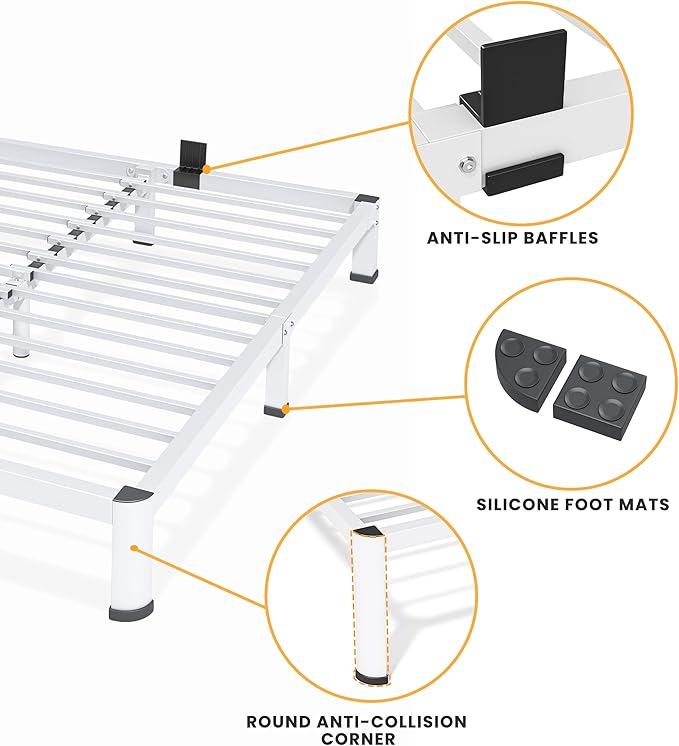 4 Inch Queen Bed Frame, Metal Platform Bed Frame with Round Corner Legs, 3500 lbs Heavy Duty Steel Slats Support, No Box Spring Needed, Noise Free, Easy Assembly, White
