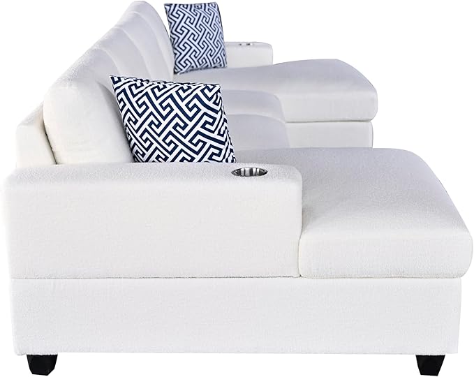 Ball & Cast 124" U-Shaped Sectional Sofa Couch for Living Room with Double Chaise,Cup Holders & Pillows,4 Seat Sherpa Upholstered Modern Modular Sectional Sofa Couches Set,for Home,Office,Beige