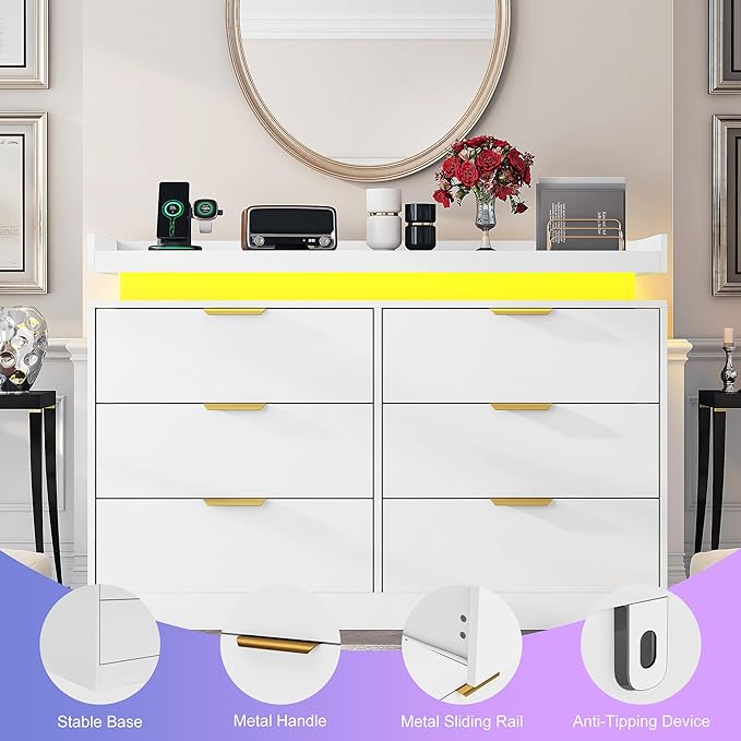 6 Drawer Dresser for Bedroom, White Dresser with LED Lights and Power Outlet, Wooden Dressers Chests of Drawers, Double Wide Dressers for Bedroom, Entryway, Hallway