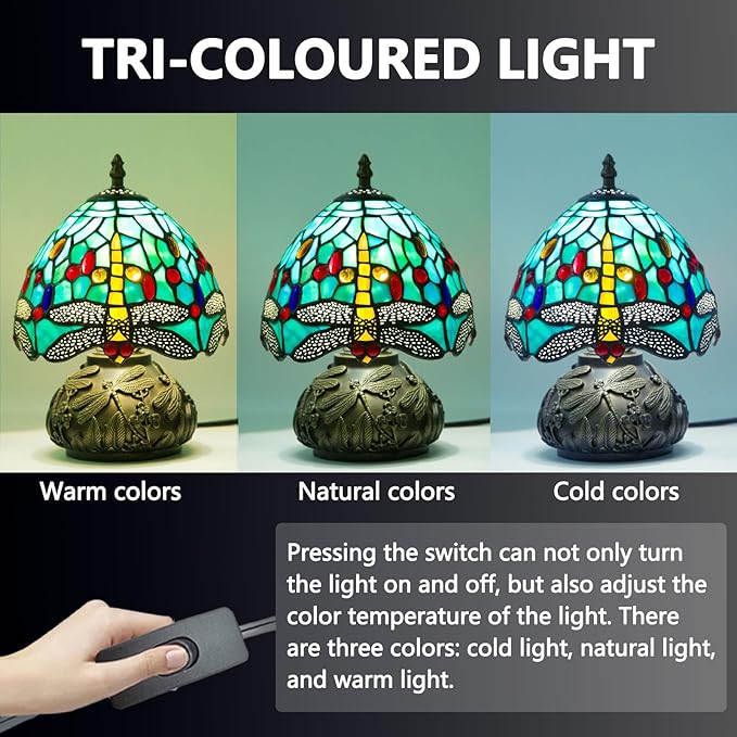 Small Tiffany Table Lamp,Stained Glass Lamp,8 Inch Mushroom Style Mini Vintage Desk Lights for Bedside, Bedroom,Nightstand,Living Room,3 Color Temperature (Green Dragonfly)