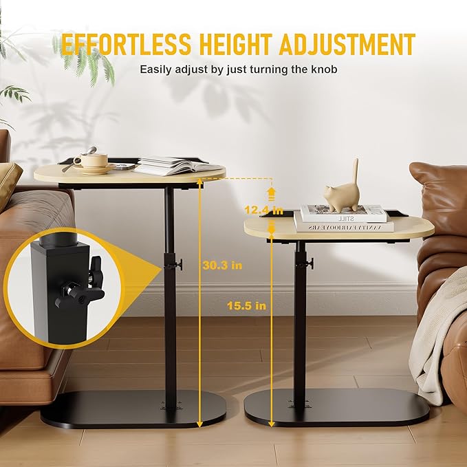 C Shaped End Side Table with Anti-Drop Rod, Adjustable Height & 360° Swivel Snack Table for Couch, Sofa, Bedroom, Living Room, TV Tray Table for Eating, Dinner or Laptop, Small Spaces, Wood