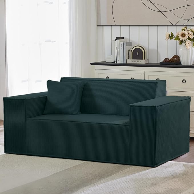 SUYOLS Corduroy Cloud Couch with Pillow, Premium Memory Foam, No Assembly Required, Deep Seat Sofa in Box, Space-Saving Chair for Home, Living Room, Bedroom, Apartment, Office, Loveseat, Dark Green