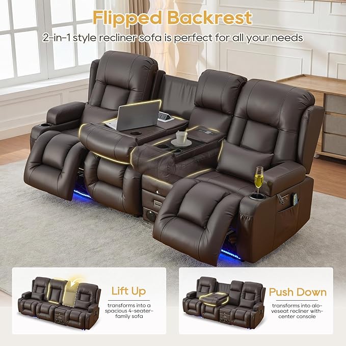 IPKIG Power Recliner Sofa with Flip-Up Backrest Console, USB & USB-C Ports, AC Outlet, LED Lights, Wall Hugger Recliners for Living Room, RV (Brown, 89" - 4 Seat) | Faux Leather, Zero Gravity, Dual Reclining, 2 Lumabr Pillow, Bluetooth Speakers