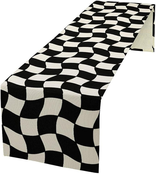 Black White Plaid Table Runner Hippie Abstract Plaid Racing Car Birthday Party Decoration Kitchen Dining Room Decor 13x120in