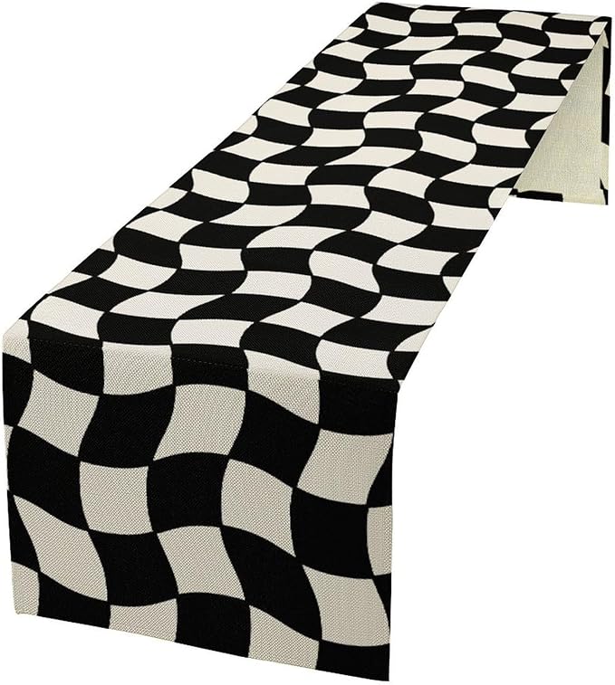 Black White Plaid Table Runner Hippie Abstract Plaid Racing Car Birthday Party Decoration Kitchen Dining Room Decor 13x90in