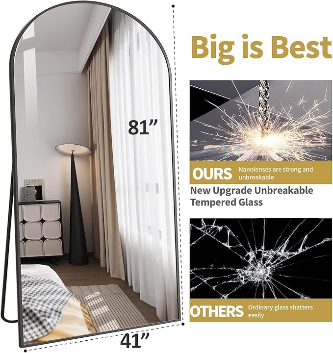 81"x41" Black Arched Full Length Mirror - Extra Large Floor/Wall Mounted, Shatterproof Glass & Aluminum Frame with Stand for Bedroom, Living Room, Entryway