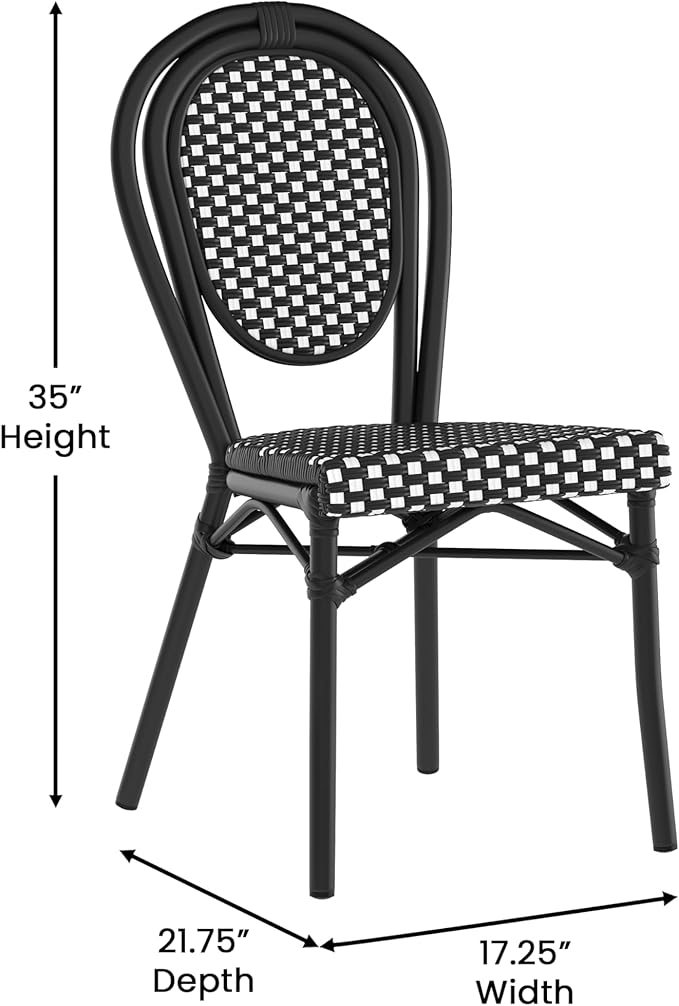 Flash Furniture Lourdes Indoor/Outdoor Commercial Thonet Bistro Stack Chair - Black/White PE Rattan Back and Seat - Black Metal Frame - Set of 4