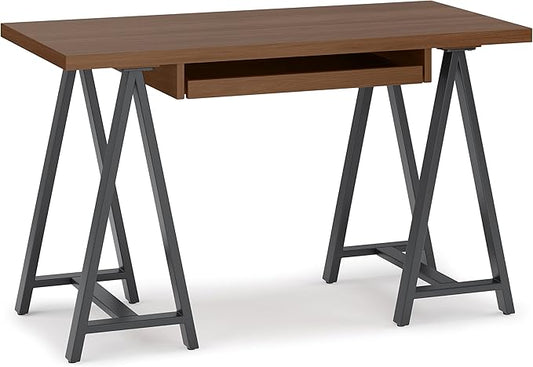 SIMPLIHOME Sawhorse Industrial 50 inch Wide SOLID WALNUT WOOD and Metal Small Desk in Walnut for the Office Desk, Writing Table, Workstation and Study Table