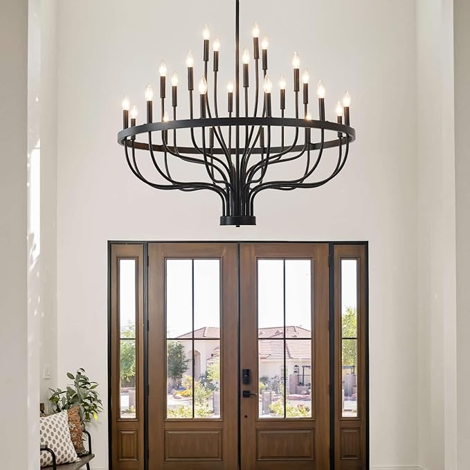 HHR 40-Inch Farmhouse Foyer Chandelier Entryway High Ceiling 24-Light, Candle Chandelier Light Fixtures Modern Black Chandeliers for Dining Room Bedroom Hallway Kitchen Living Room
