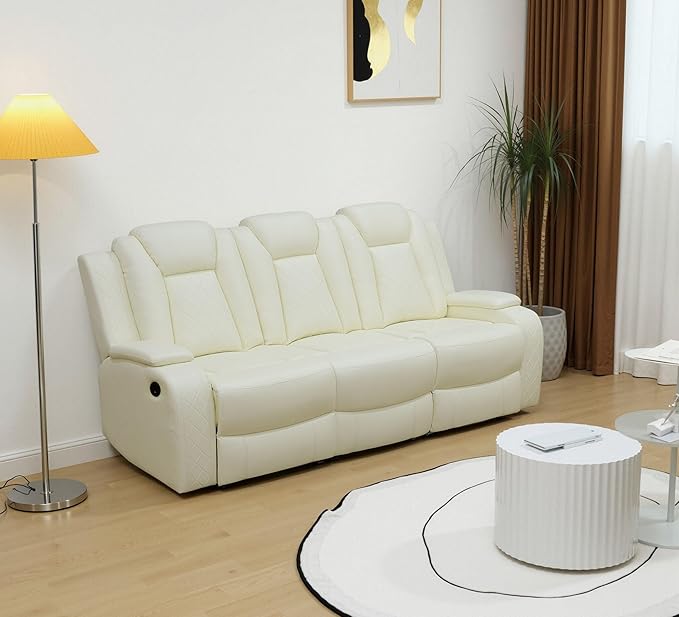 Air Leather Loveseat Power Recliner Sofa, 3 Seat Reclining Sofa with Drop Down Table,Reading Light, LED Lighting&USB Port (Cream White)