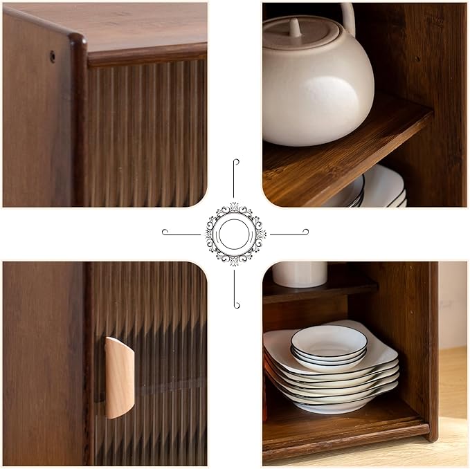 HollyHOME Small Bamboo Wall Mounted Kitchen Pantry Sideboard with 2 Doors and Adjustable Shelves, Coffee Wine Bar Storage Cabinet for Liquor and Glasses, Dining Cupboard for Bottle, Dish, Walnut