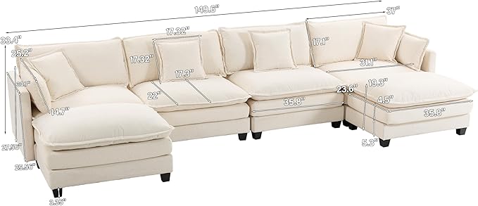 Eafurn 150" Oversized Modular Sectional Sofa with Movable Ottomans, 6 Seat Modern Corduroy Sofa Set, Convertible U/L Shaped Corner Couch for Living Room Apartment