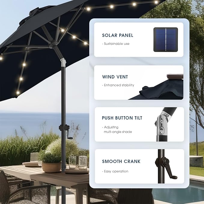 wikiwiki 10FT Solar Led Patio Umbrella with Base Included, 32 LED Lights, 8 Sturdy Ribs, Fade Resistant Waterproof POLYESTER DTY Canopy for Garden, Lawn, Deck, Backyard & Pool, Navy Blue