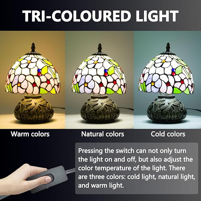 Small Tiffany Table Lamp,Stained Glass Lamp,8 Inch Mushroom Style Mini Vintage Desk Lights for Bedside, Bedroom,Nightstand,Living Room,3 Color Temperature (Four Leaf Flowers)