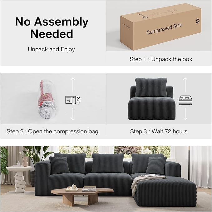 Novilla 106" Modular Sectional Sofa, Modern Cloud Sectional Couch with Smarts Coil® Support, Upholstered Boneless Couch for Living Room Apartments Bedroom, No Assembly Required, Dark Gray (3 Seat)