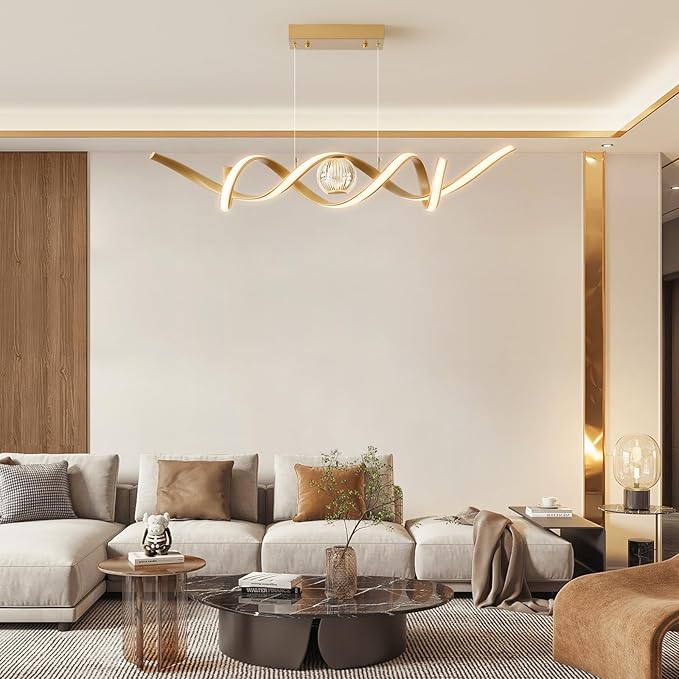 LED Modern Chandeliers for Dining Room, 39in Dimmable Gold Chandelier Kitchen Pendant Lighting Over Island, Linear Wave Spiral Pendant Light Fixtures Dining Room Lights Ceiling Hanging, 36W