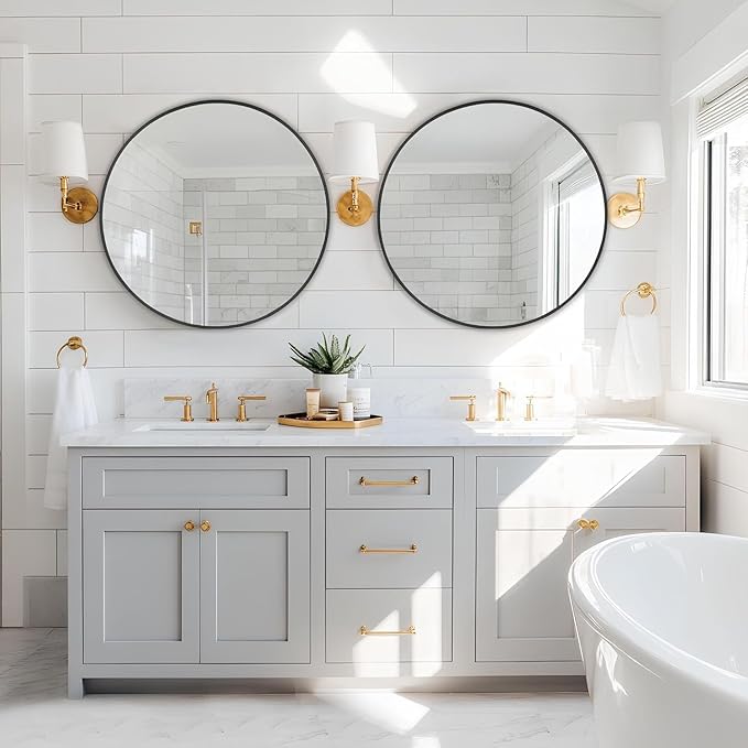 Simple Deluxe 28 Inch Round Bathroom Mirror, Black Vanity Mirror with Metal Frame, Modern Circle for Bathroom, Entryway, Bedroom, Living Room, Wall Mounted Decorative Mirrors (Black)
