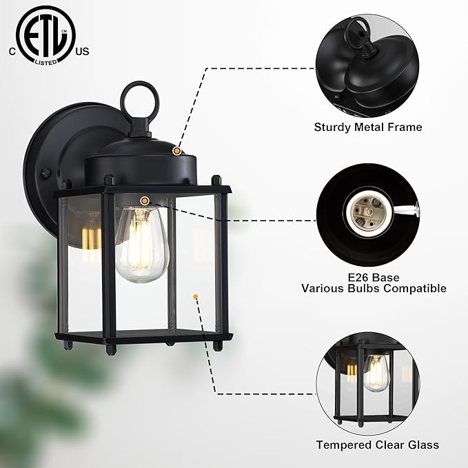 GRUENLICH Outdoor Wall Sconce, Exterior Wall Lighting Fixtures with Clear Glass, Front Porch Lighting, Outdoor Lights for Patio, Doorway, Matte Black, 4 Pack