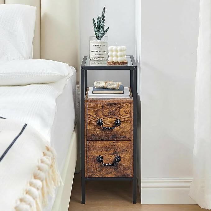 VECELO Narrow Side Table Set of 2, Night Stand Sofa Table with Glass Top,Bedside End Tables with Storage Drawers,Wood Nightstand for Small Spaces Living Room Bedroom,Brown