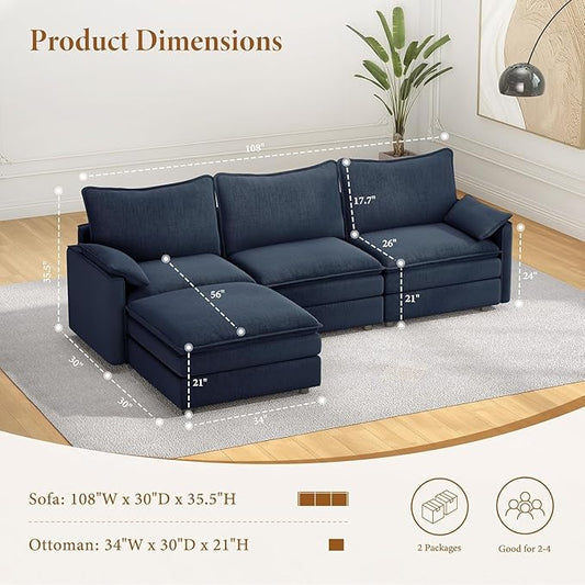 Vesgantti 108" Modular Sectional Sofa, Comfy Cloud Couch with Movable Ottoman Deep Seat Chenille L Shaped Modular Sofa, Sectional Couches for Living Room, Bedroom and Apartment, Blue | Sink-in Comfort, Height Adjustable, Easy Rearrangement, Extra-deep ...