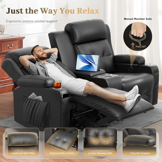 Reclining Loveseat, 2 Massage Loveseat Recliner Sofa Heavy Weight Capacity, RV Love Seat Clearance with Console, USB, Type C Port, Storage, Cup Holders, 1 Single Power Recliner Chairs Heat & Massage
