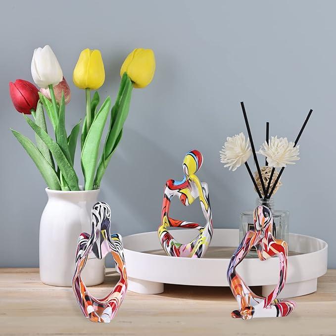 Graffiti Thinker Statue Decor for TV Stand, Shelf, Desk, or Coffee Table - Set of 3 Resin Figurines for Living Room Decorative Objects, Modern Sculpture, Minimalist Bookcase Decor