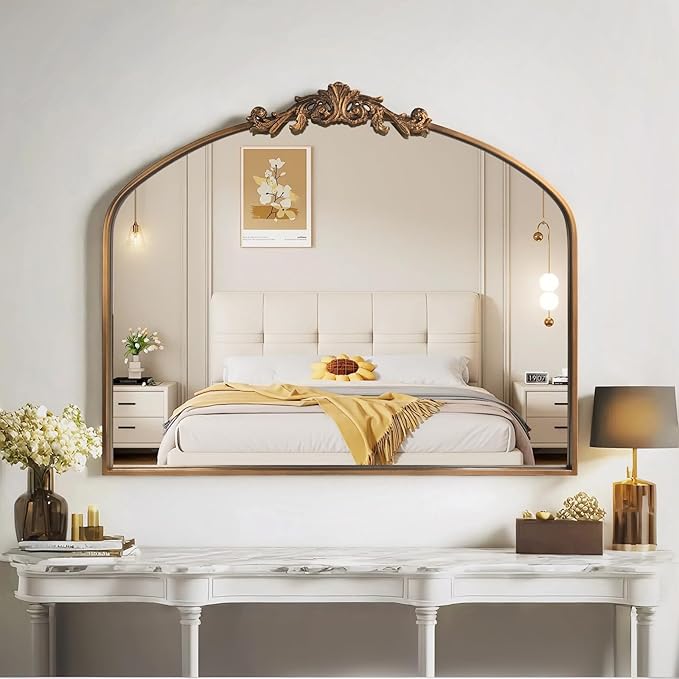 Gold Wall Mirror, Large Arched Vintage Baroque Ornate Mirrors, Traditional Decorative Antique Brass Mirror for Entryway, Living Room, Bedroom, Bathroom Vanity, Fireplace Mantel(Gold,29"x36")