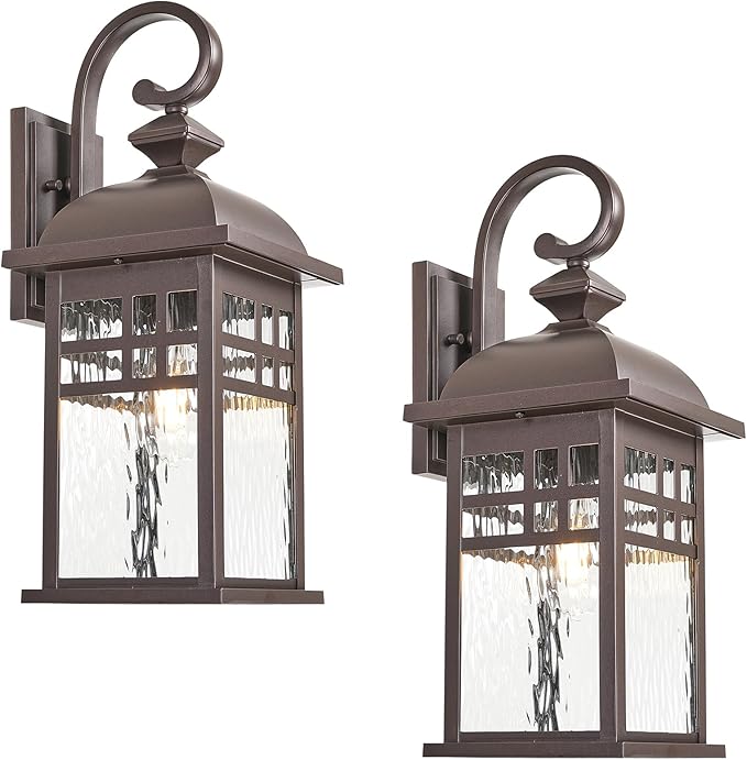 2-Pack Outdoor Wall Lights Fixtures ORB Finish Aluminum Porch Lights Outdoor with Water Ripple Glass Waterproof Outside Lights for House Front Door Garage E26 Socket