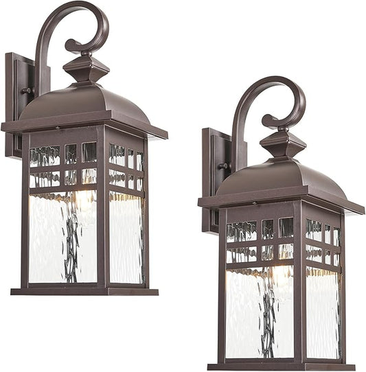 2-Pack Outdoor Wall Lights Fixtures ORB Finish Aluminum Porch Lights Outdoor with Water Ripple Glass Waterproof Outside Lights for House Front Door Garage E26 Socket