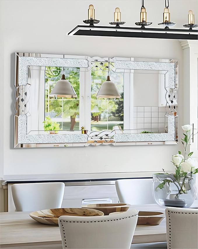 Crushed Diamond Mirror Silver Vanity Rectangular Wall Decor 48x24 inch