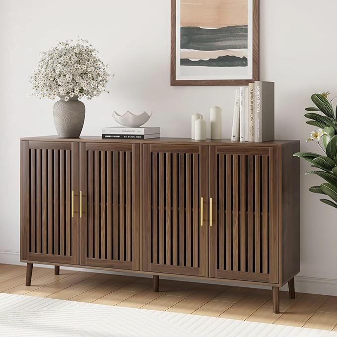 63" Long Sideboard Buffet with 4 Slatted Doors, Farmhouse Buffet Storage Cabinet with Adjustable Shelf, Coffee Bar Cabinet for Entryway, Kitchen, Dining Room, Living Room, Walnut Color | 4 Louvered Doors, Farmhouse Buffet, Storage Cabinet, Gold Handle,...