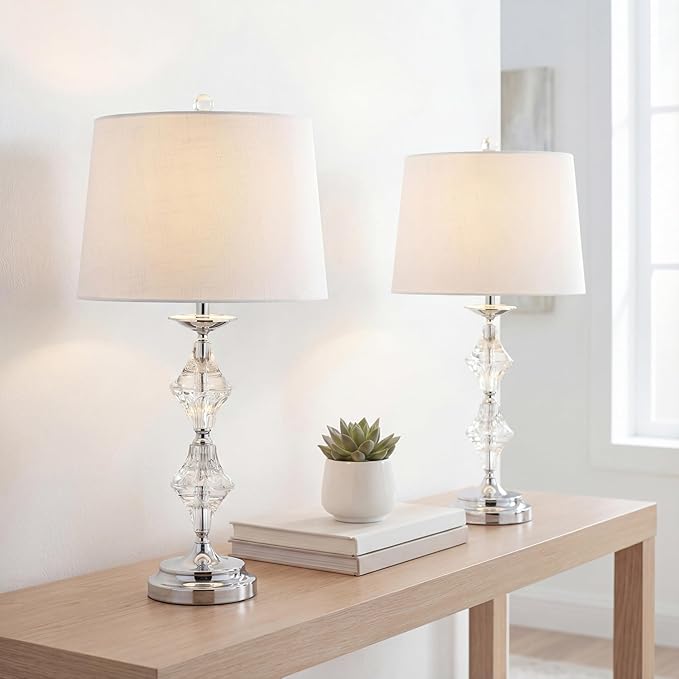 JONATHAN Y 27.5" Clear Crystal Table Lamp Set of 2 for Living Room Bedroom, Glam Traditional Chrome Nightstand Lamps, White Linen Drum Shade, LED Bulbs Included JYL2037A-SET2