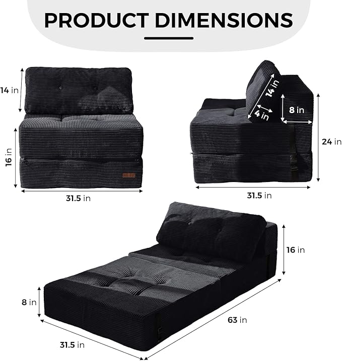 MAXYOYO Folding Sofa Bed, Convertible Sofa Bed with High-Density Support Foam, Portable 4 in 1 Fold Out Chair to Floor Lounger, Versatile Floor Couch for Living Room Bedroom, Black