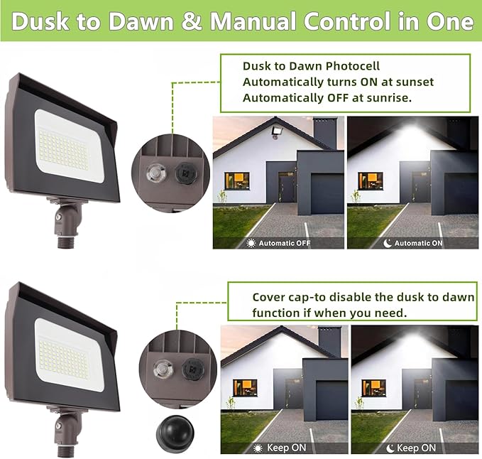 2Pack Dusk to Dawn 60W Outdoor LED Flood Light with 1/2" Knuckle Mount (Plate Included), 5000K 7800LM 120V, ETL Waterproof LED Security Flood Lighting for Sign/Flagpole/Tree/Yards/Advertising Boards