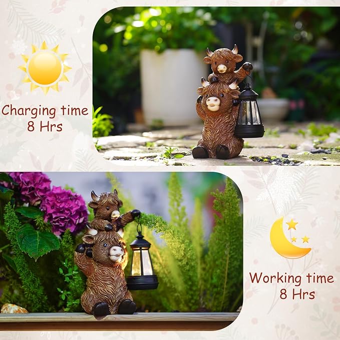 Solar Highland Cow Garden Decor - Resin Cow Statue with Solar Lantern Outdoor Yard Patio Decor - Ideal Gifts for Women,Mom Men (Copper)