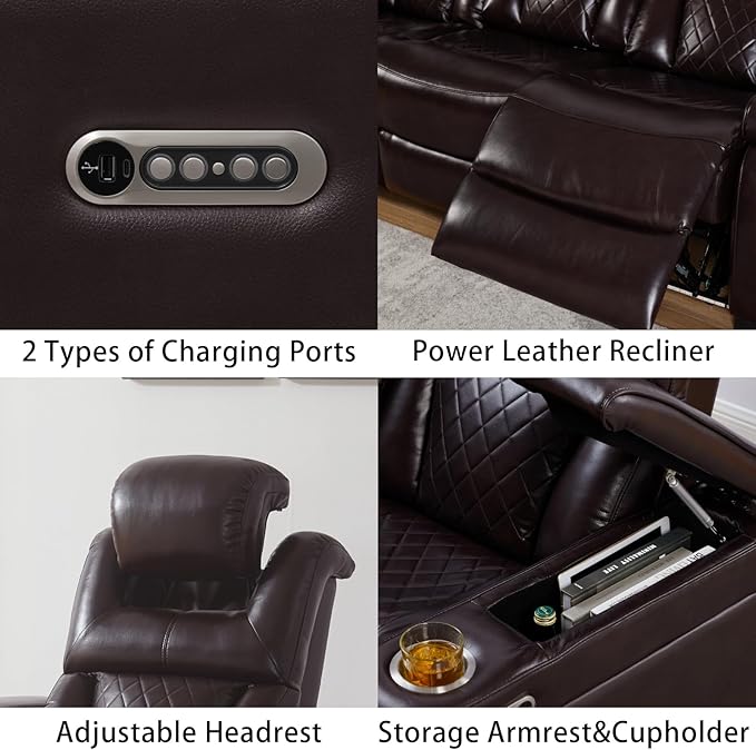 THSUPER Power Breathable Leather Reclining Chair with 7-Color LED Light, Living Room Recliner Chair with Adjustable Headrest/USB Port/Cup Holder/Storage Arm for Living Room, Brown