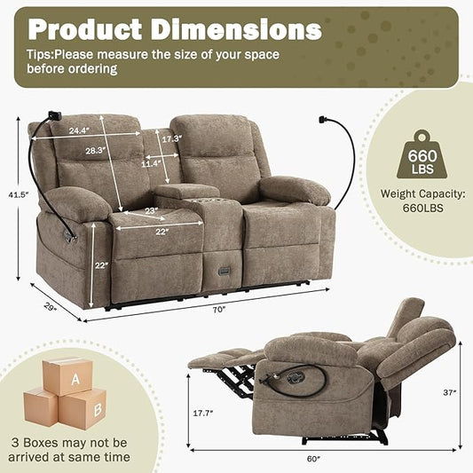 Manual Reclining Loveseat Sofa with 360°Adjustable Phone Holder, Center Console Storage with Type-C Charging & USB, Adjustable Headrest, Cupholders, Hidden Storage Drawer, Living Room (Linen Camel)