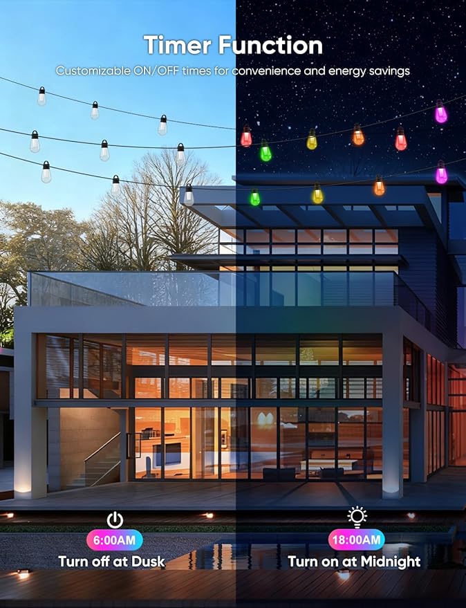 APPECK Outdoor String Lights, 150ft Smart RGBW Outdoor Patio Lights with 45 LED Bulbs, Extendable, 111 Scene Modes, IP65 Waterproof Lighting for Outside, Dimmable Warm White, Compatible with Alexa