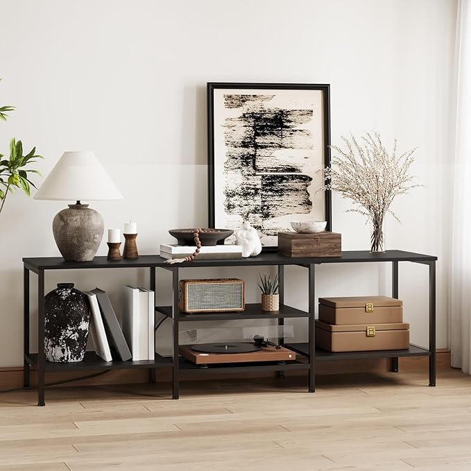 HOOBRO TV Stand with Power Outlets to 75 Inches, TV Console Table with Open Storage Shelves Cabinet, Industrial Media Entertainment Center for Living Room Bedroom, Black BB60DS01
