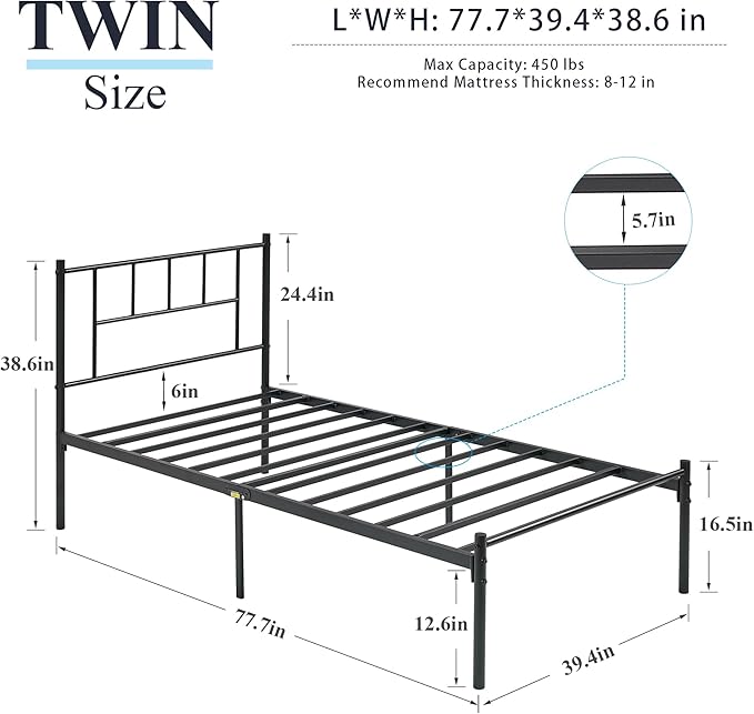 VECELO Twin Metal Platform Bed Frame with Headboard, Heavy Duty Steel Slat Support, Under Bed Storage,No Box Spring Needed, Easy Assembly