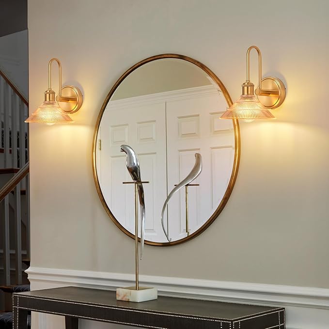Wall Sconce Set of 2, Gold Vintage Light Fixtures with Round Amber Glass Lampshade, Hardwired Sconces Wall Lighting for Bedroom, Bathroom, Living Room | Includes 2 LED Bulbs