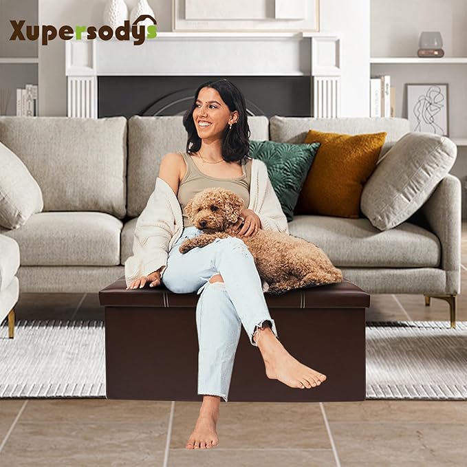 30 Inches Folding Storage Ottoman Bench, Faux Leather Footstool Ottoman, Storage Trunk Footrest for Bedroom, Living Room and Hallway, Support 350lbs, Brown (White line)