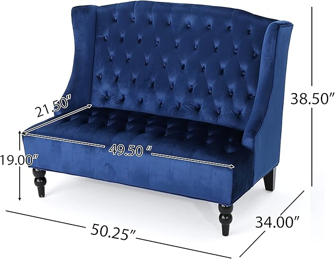 Modern Tufted Velvet Wingback Loveseat, Tufted Velvet 2 Seat Couch Sofas with High Back Thick Padded Cushioned Seats for Living Room, Victorian Style, Navy Blue